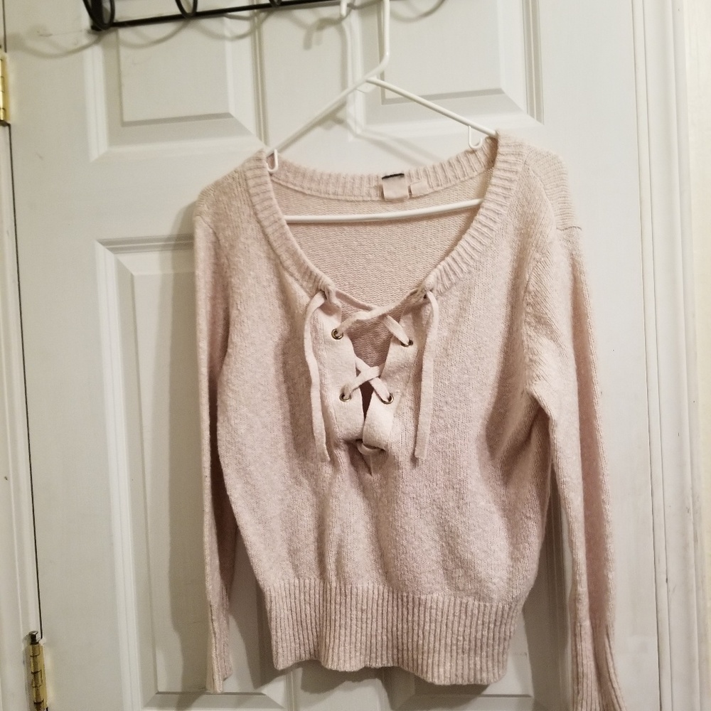 Roxy Lace-Up V-Neck Sweater in Light Pink
